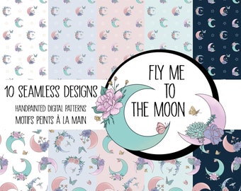 Moon crescents seamless pattern, Floral, Lunar digital paper, Butterflies flowers, Endless repeatable design, Luna, Stars, Kids illustration