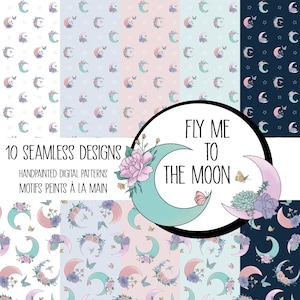 Moon crescents seamless pattern, Floral, Lunar digital paper, Butterflies flowers, Endless repeatable design, Luna, Stars, Kids illustration