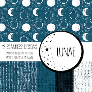 Lunae seamless pattern, Moon phases digital paper, Endless repeatable celestial design, Teal, Black, White, Luna, Stars, Witchy illustration