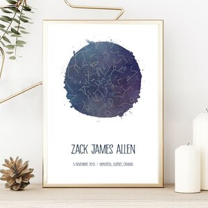 Carte du ciel sur mesure à imprimer, Charte des étoiles personnalisée, Couleur au choix, Affiche naissance sur mesure, Décor céleste mural