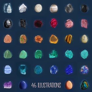 Illustrations de cristaux à imprimer, 46 peintures digitales uniques, Cartes de propriétés des pierres pour entreprise, Images de minéraux