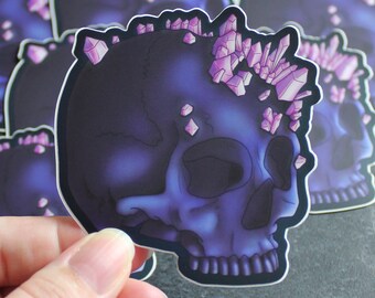 Crystal skull vinyl sticker, Cute creepy art, Necromancer witch, Witchy illustration, Purple, Pink, Fantasy, Waterproof