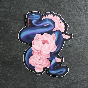 Autocollant serpent et fleurs, Vinyle, Mauve, Rose, Bleu violet, Pivoines, Collant floral, Sticker, Autocollant witchy, Fleur roses, Witch