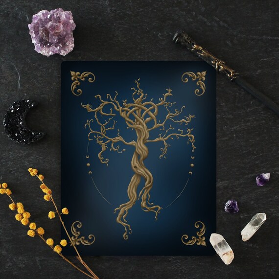 Tree of life painting, Witchy decor, Moon Sprites Oracle back, Golden Yggdrasil, Moon phases, Magical fantasy poster, Geek wall art, Navy