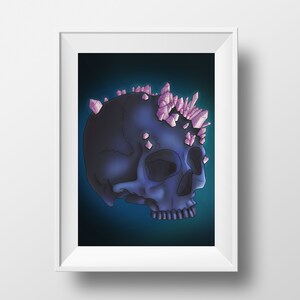 May include: A dark blue human skull with a crown of pink crystals on top. The skull is set against a dark blue background.