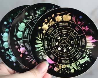 Wheel of the year sticker, Holographic Wicca art, Moon phases, Witch, Astrology illustration, Celestial, Magick décor, Black and rainbow