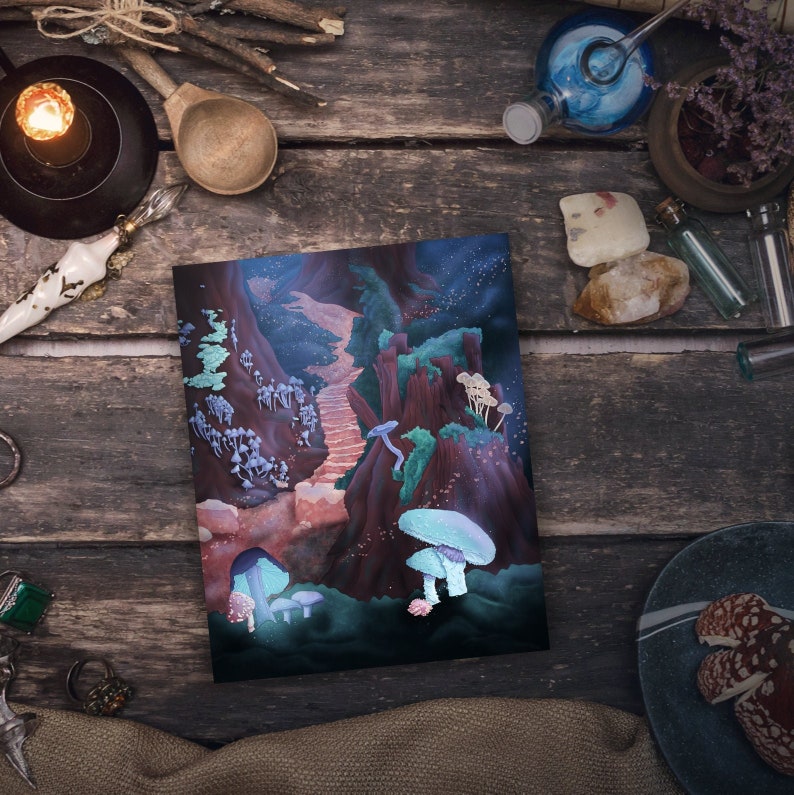 Forest floor print, Mushrooms illustration, Fantasy woods, Magical wall art, Enchanted, Digital painting, Magic, Wicca, Altar decor, Witchy bild 1
