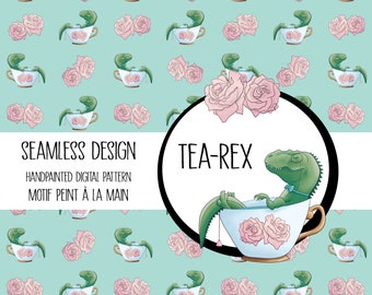 Tea-Rex seamless print, T-rex surface pattern, Dinosaur digital paper, Endless repeatable design, Funny pun, Floral, Mint, Blush pink, Punny