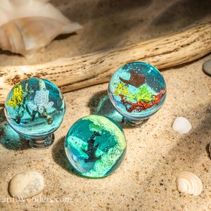 May include: Three glass ornaments with a blue, green, and clear resin base. Each ornament features a different sea creature and coral inside. The ornaments are on a sandy surface with a piece of driftwood and seashells.