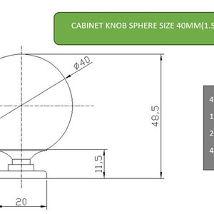 May include: A line drawing of a cabinet knob sphere with dimensions labeled in inches and millimeters. The sphere is 1.57 inches in diameter and the knob is 1.91 inches tall.