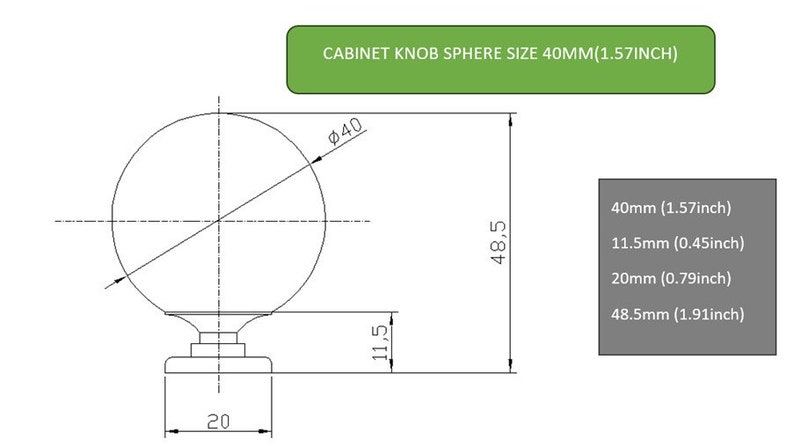 May include: A line drawing of a cabinet knob sphere with dimensions labeled in inches and millimeters. The sphere is 1.57 inches in diameter and the knob is 1.91 inches tall.