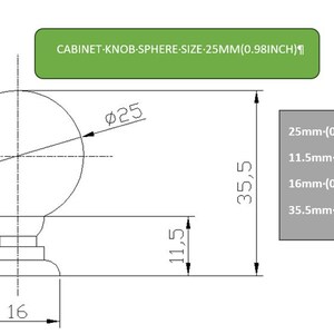 May include: A round cabinet knob with a 25mm (0.98 inch) diameter sphere. The knob is made of metal and has a silver finish. The knob is 35.5mm (1.40 inch) tall and 11.5mm (0.45 inch) wide. The knob is 16mm (0.63 inch) in diameter at the base.