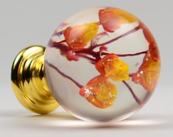 Cabinet knobs with orange-yellow real flowers, Room decor pull, Boho decor, Mid-century modern, Door knobs, Knobs for drawers, Golden handle