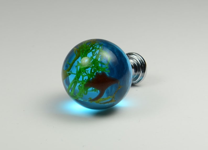May include: A blue glass cabinet knob with a green and brown design inside. The knob has a silver base.