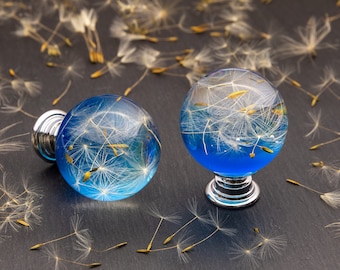 Blue Dandelion Seeds Drawer Knobs, Drawer pulls, Cabinet pulls, Dresser Knobs Personalized Gift for Home, Blue Cabinet Hardware
