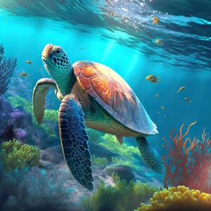 May include: A sea turtle swims underwater, surrounded by coral and small fish. The turtle has a brown and orange shell, blue flippers, and a patterned head. The water is a clear blue, with sunlight filtering through.