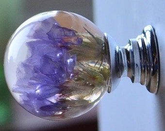 Dresser Knob with Real Purple Flower,Furniture Knobs,Drawer Pulls,Kitchen Cupboard Handles, Home decor