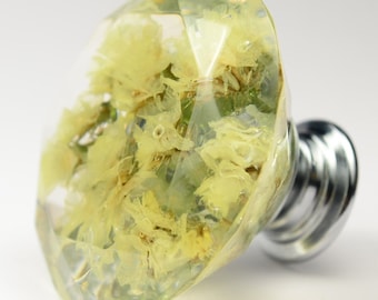 Furniture Knobs with light yellow Real flower in resin , Large Drawer knobs , Diamond shape , Kitchen Cupboard Handles , Gifts for Wife