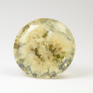 May include: A round, clear resin paperweight with a pressed flower design. The flowers are white and green and are visible through the clear resin.