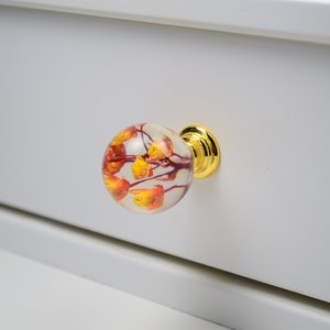 May include: A clear, spherical drawer knob with a gold-coloured base. The knob is filled with orange and yellow floral elements. The knob is attached to a white drawer.