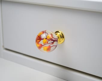 Perillas de aparador de esfera de 30 mm con flor real naranja y amarilla, perillas de muebles de resina, perillas de puerta