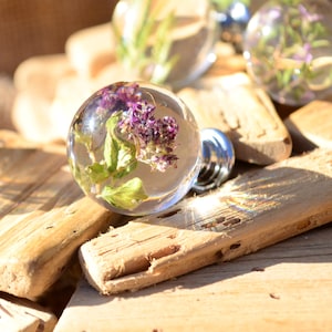 May include: Close-up of a set of clear glass cabinet knobs with dried flowers and greenery encased in resin. The knobs have a silver metal base and are displayed on a rustic wooden surface.