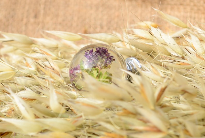 May include: A clear glass sphere containing a small purple flower and green leaves, resting on a bed of dried beige grass.