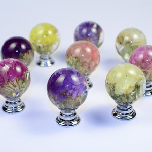 May include: Assortment of colorful round cabinet knobs with dried flowers encased in clear resin. Each knob has a silver base.