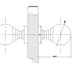 May include: Technical drawing of a door handle with a ball-shaped knob. The handle is shown in a side view, with dimensions indicated in millimeters. The drawing includes a cross-section of the door and the handle's components.