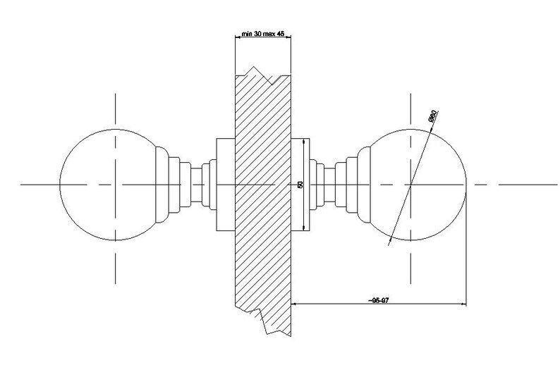 May include: Technical drawing of a door handle with a ball-shaped knob. The handle is shown in a side view, with dimensions indicated in millimeters. The drawing includes a cross-section of the door and the handle's components.