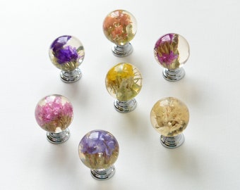 Gift Set 7 Real Flowers Resin Knobs , Unique Gift Handmade , Knobs for Drawers , Cabinet Knobs Kitchen , Gift for Her