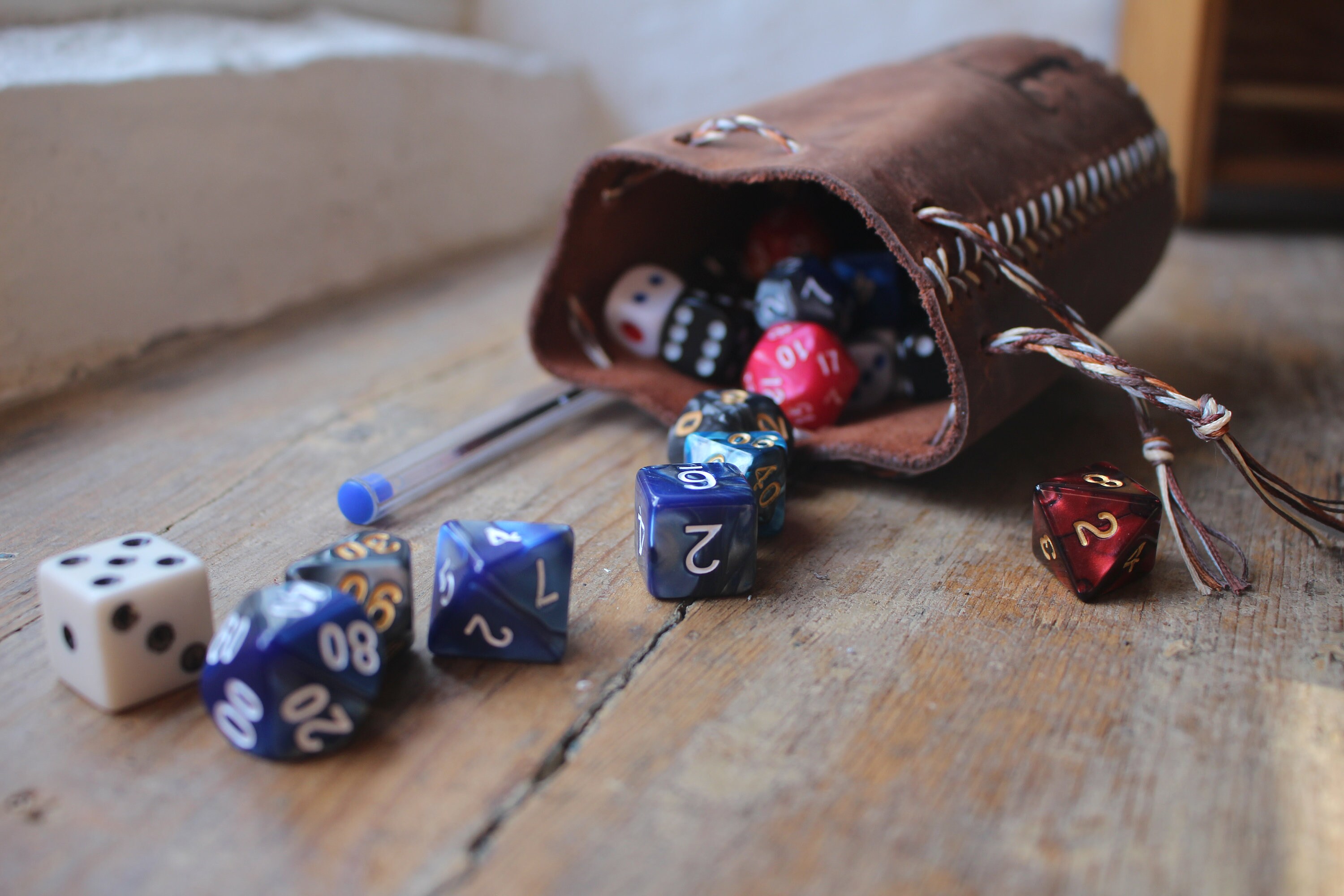 Large Personalised Genuine Leather Dice Pouch, Handmade, Draw String