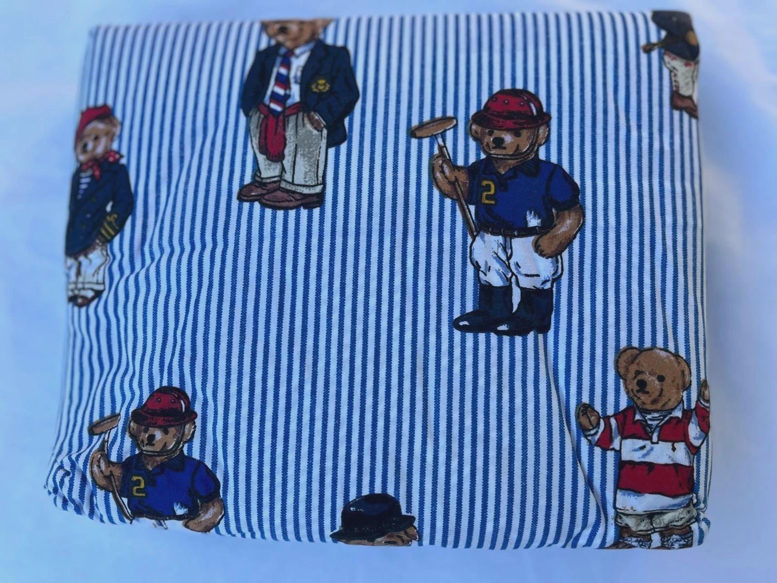Ralph Lauren Polo Teddy Bear Blue White Striped Queen Fitted Sheet