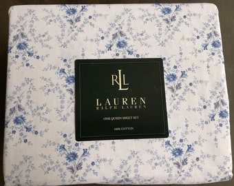 Ralph Lauren  Blue  Floral  Cottage  QUEEN 4 Pieces Sheet Set Vintage, Rare!
