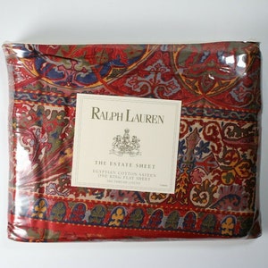 Ralph Lauren Galahad Red Paisley King Set di lenzuola 4 pezzi in raso vintage raro Nuovo!
