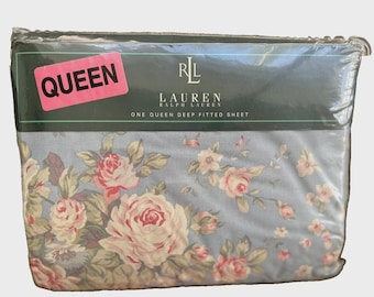 Juego de sábanas Ralph Lauren Shelter Island con diseño floral azul, tamaño Queen, 4 piezas, vintage, ¡raro!