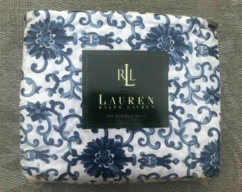 Ralph  Lauren  Porcelain  Rosette  Blue  King Flat Sheet New, Vintage, Rare!