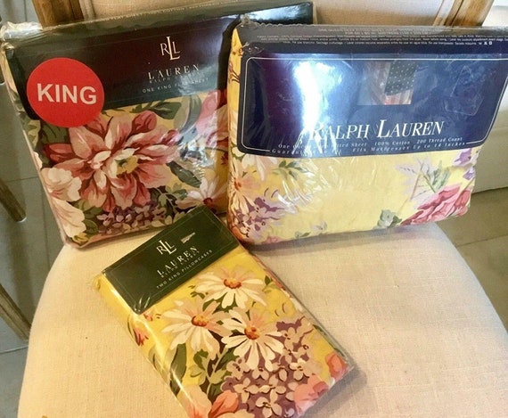 Ralph Lauren King Size Sheet Set - 100% Cotton, Bumblebee & Floral Design, 4-Piece