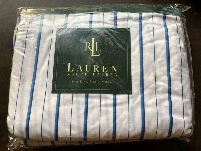 Ralph Lauren Porcelain Blue Stripe King Fitted Sheet Vintage New Rare