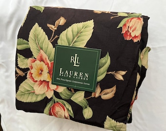 Copripiumino/trapunta matrimoniale Ralph Lauren Charleston nero con stampa floreale, nuovo, raro e vintage!
