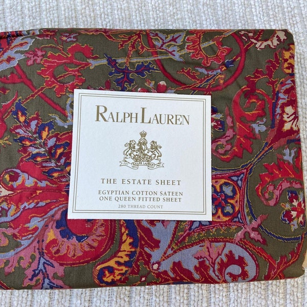 Lençol de casal Ralph Lauren Galahad com estampa paisley vermelha, em cetim, raro, vintage, novo!