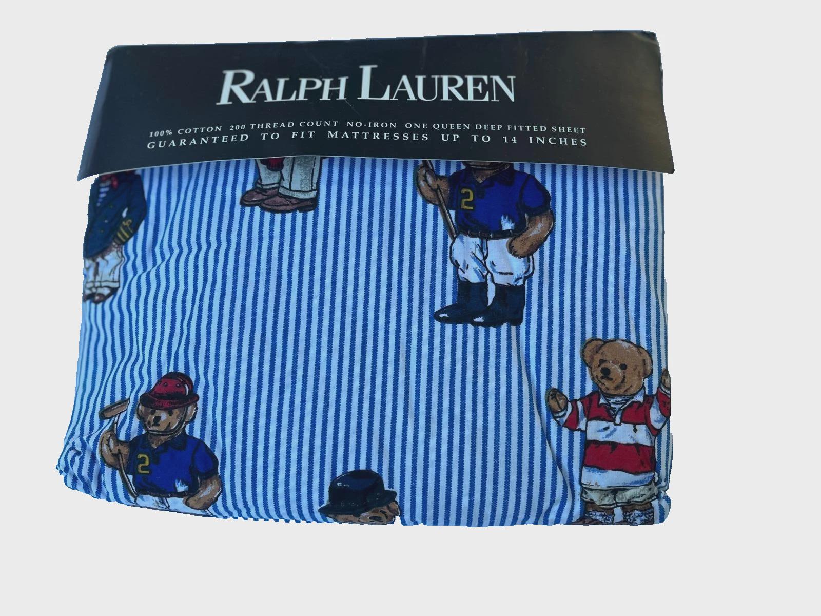 Ralph Lauren Polo Teddy Bear Blue White Striped Queen Fitted Sheet
