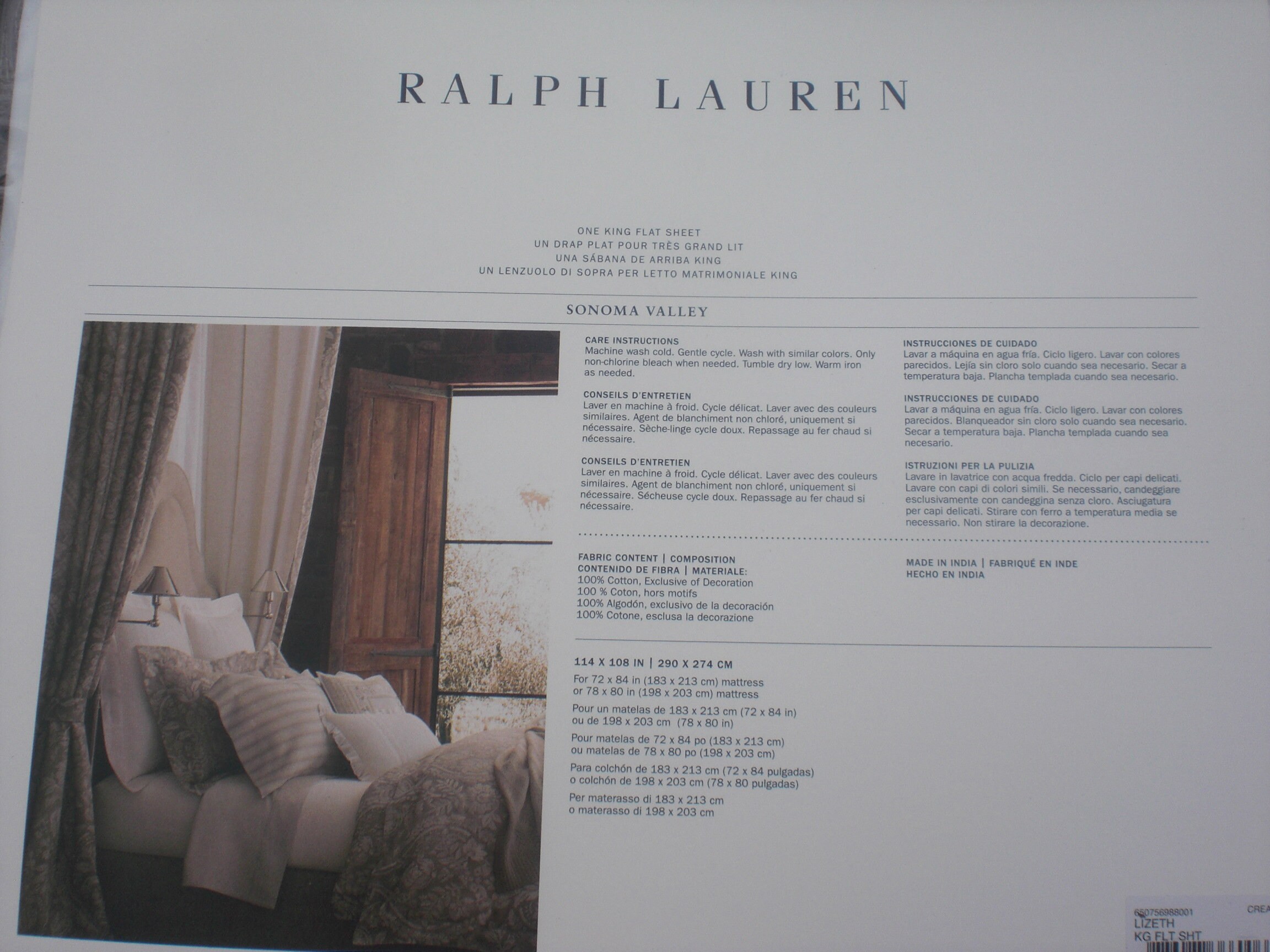 Ralph Lauren Sonoma Valley LIZETH Cream EMBROIDERED KING Flat Sheet New