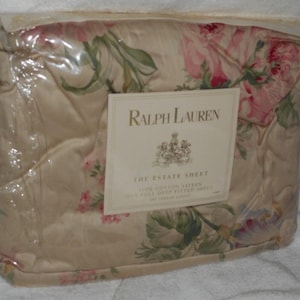 Sábana ajustable Ralph Lauren Therese Floral Pink Rose, tamaño matrimonial, 280 hilos, satén, ¡rara!