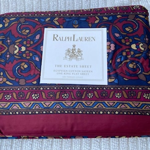 Ralph  Lauren   Estate  BRENTFORD JEWEL  Navy  Red  KING 4 pc   Sheet  Set  300tc   Sateen