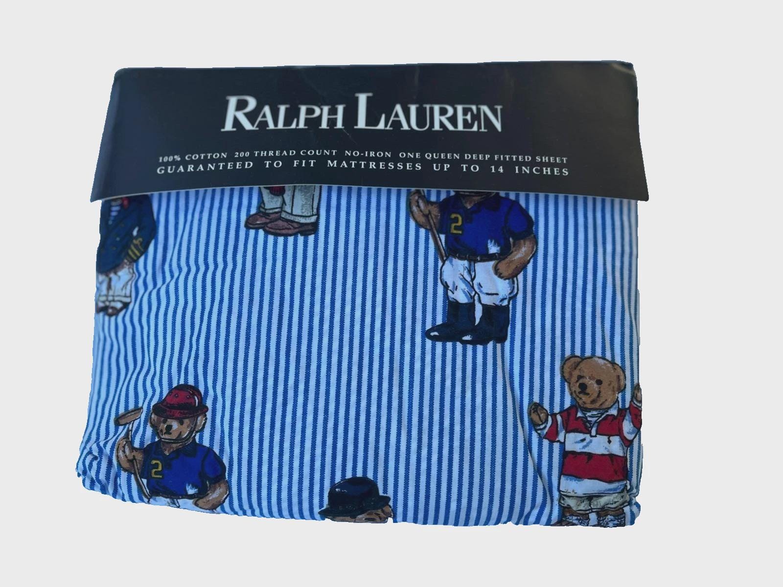 Ralph Lauren Polo Teddy Bear Blue White Striped Queen Fitted Sheet