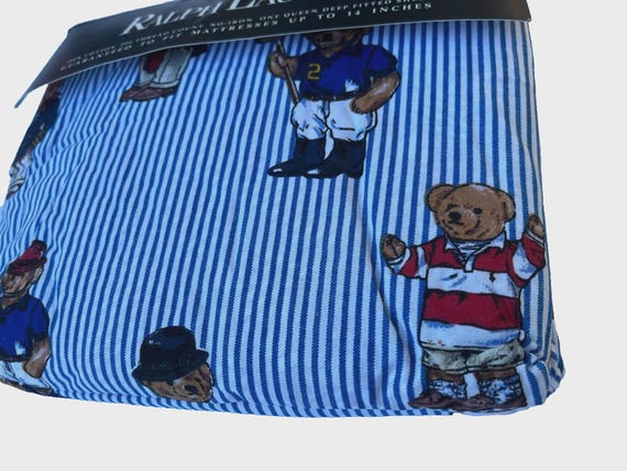 Ralph Lauren ポロベア　フィッテッドシート Ralph Lauren Polo Teddy Bear Blue White Striped Queen Fitted Sheet