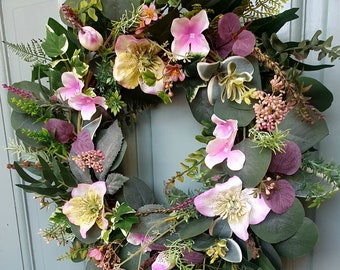 Eucalyptus,willow and hellebore door wreath/ all year round wreath / summer wreath/ spring wreath// farmhouse/cottage /rustic wreath/ gift