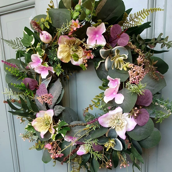 Eucalyptus,willow and hellebore door wreath/ all year round wreath / summer wreath/ spring wreath// farmhouse/cottage /rustic wreath/ gift