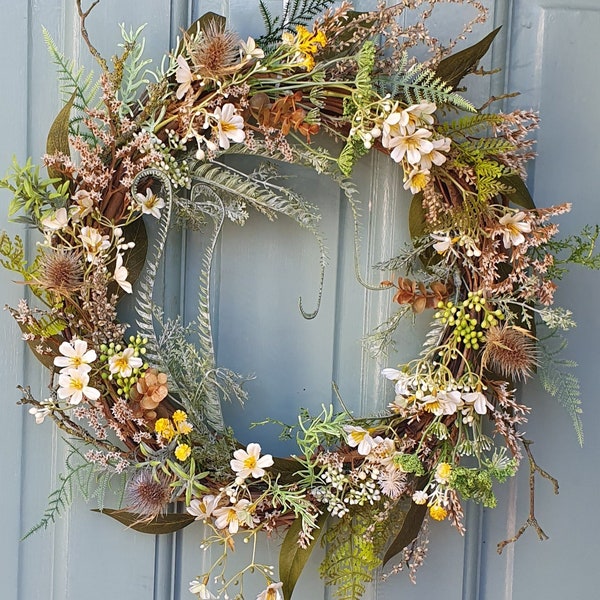 Cream daisies,fern,teasel and dry flowers  door wreath/ all year round/spring/ summer/cottage wreath/ farmhouse/rustic wreath/ birthday gift